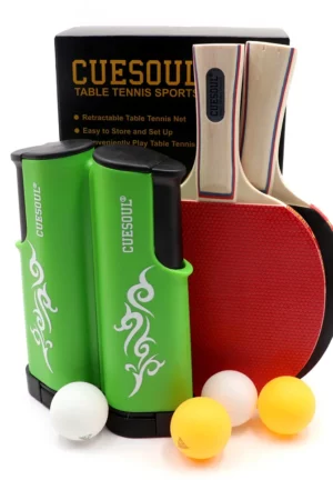 CUESOUL table tennis set: 2 paddles, 4 balls, retractable net.